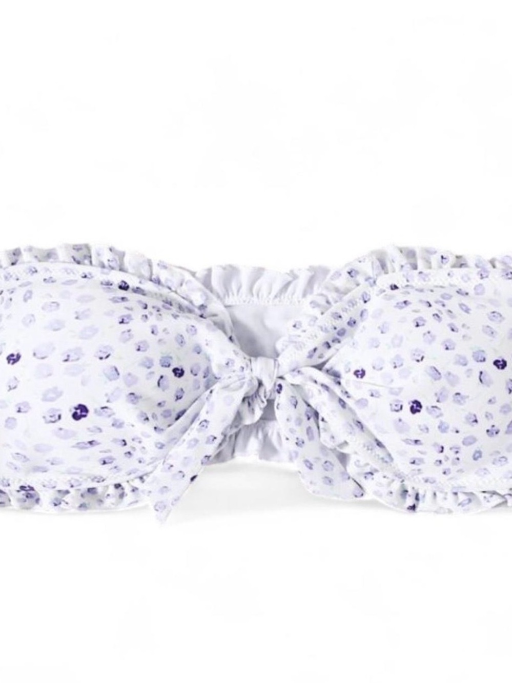 SHEIN White Bandeau Bikini Top with Lilac Dot Print